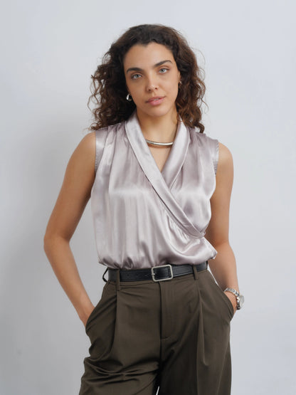 Lapel Satin Top - Silver Champagne