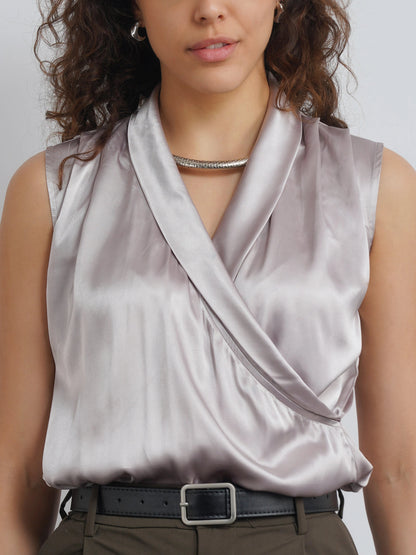 Lapel Satin Top - Silver Champagne
