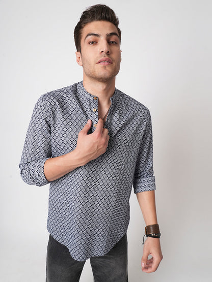 Grey & Navy Diamond Jacquard Weaved Kurta