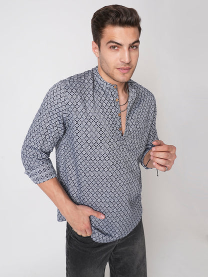 Grey & Navy Diamond Jacquard Weaved Kurta