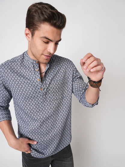 Grey & Navy Diamond Jacquard Weaved Kurta