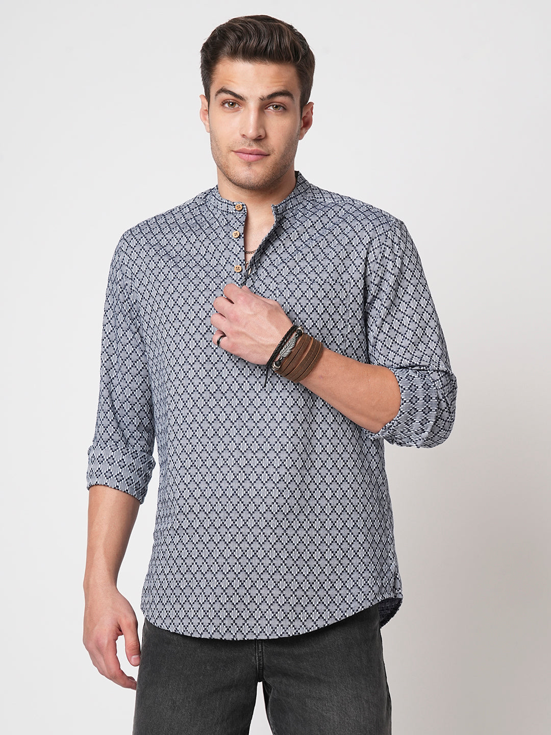 Grey & Navy Diamond Jacquard Weaved Kurta