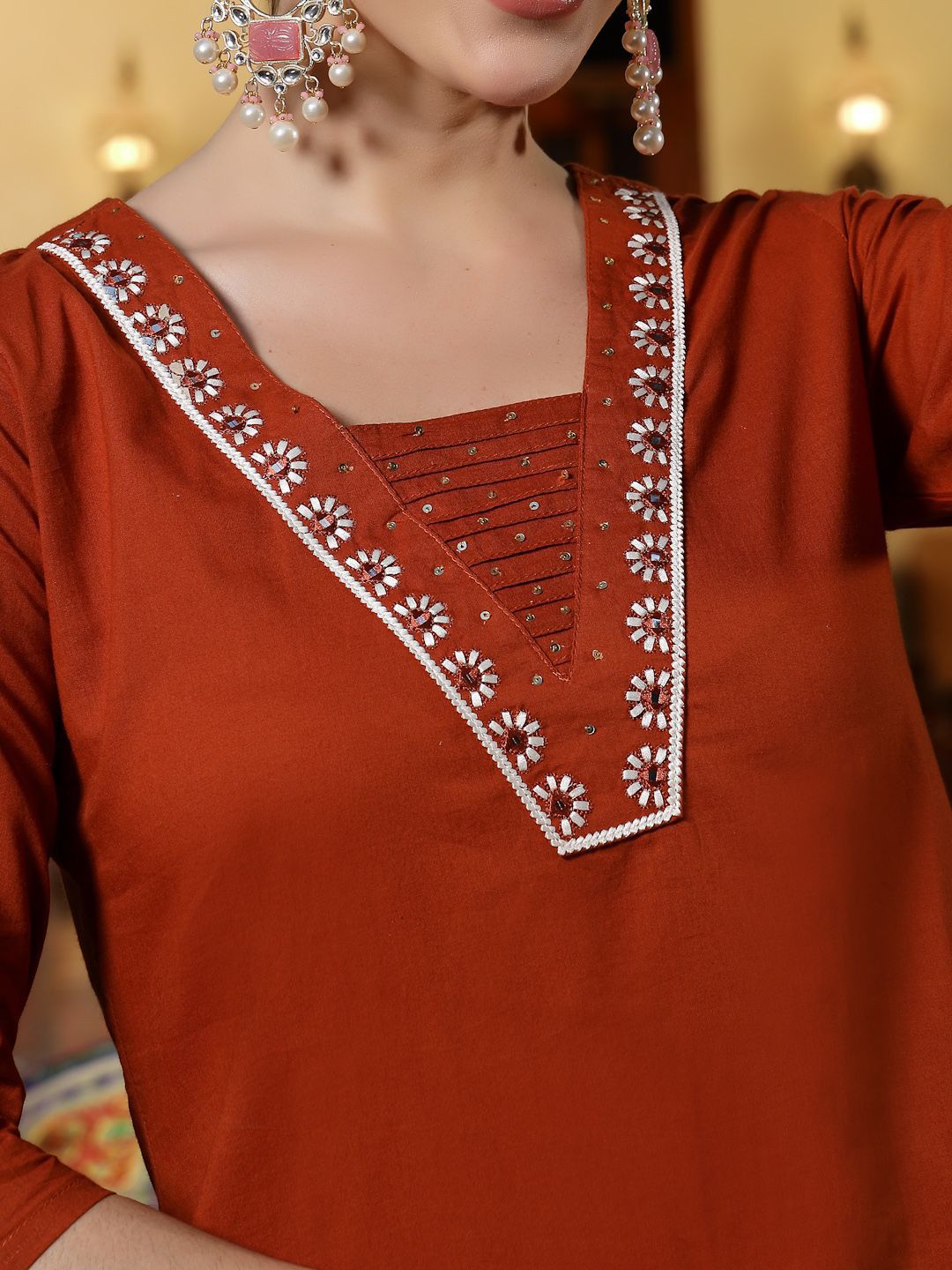 Women Embroidered Empire Sequinned Pure Cotton Kurta with Trousers