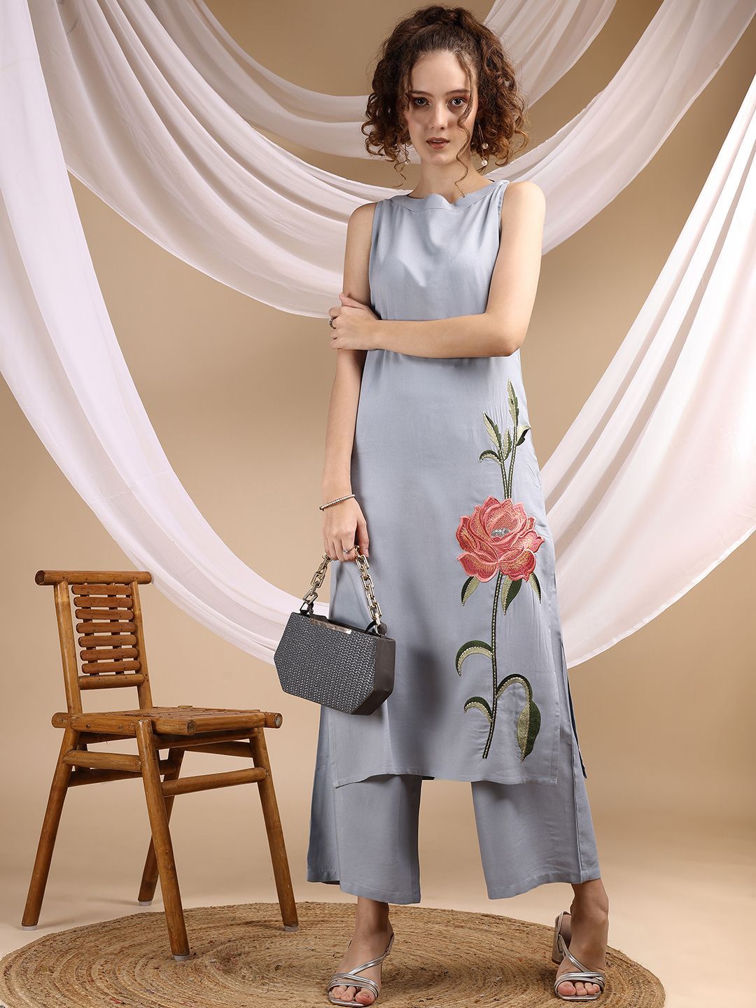 Embroidered Sleeveless Top With Palazzos Co-Ords