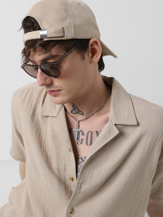 Solid Beige Double Cloth Notch Collar Oversized Shirt