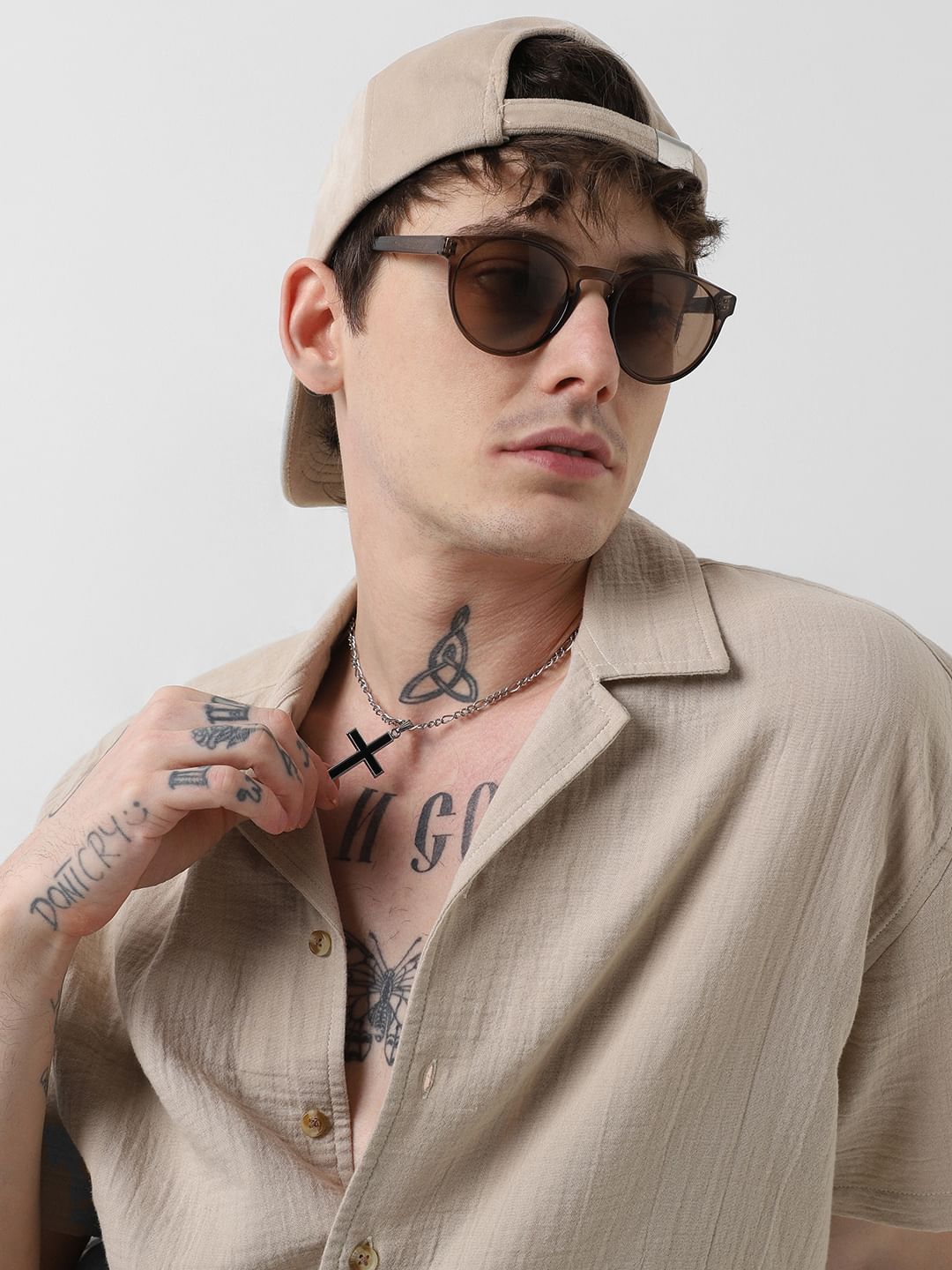 Solid Beige Double Cloth Notch Collar Oversized Shirt