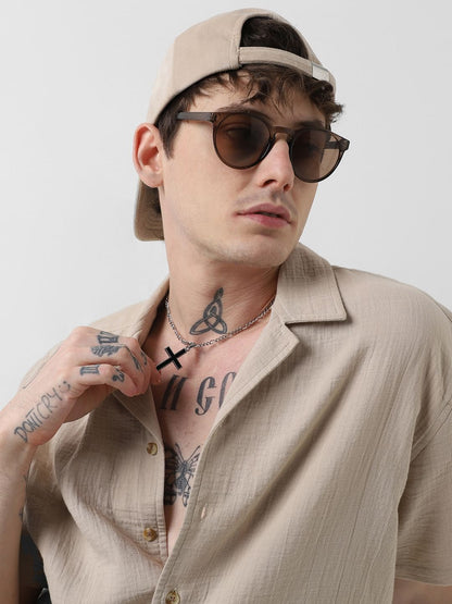 Solid Beige Double Cloth Notch Collar Oversized Shirt