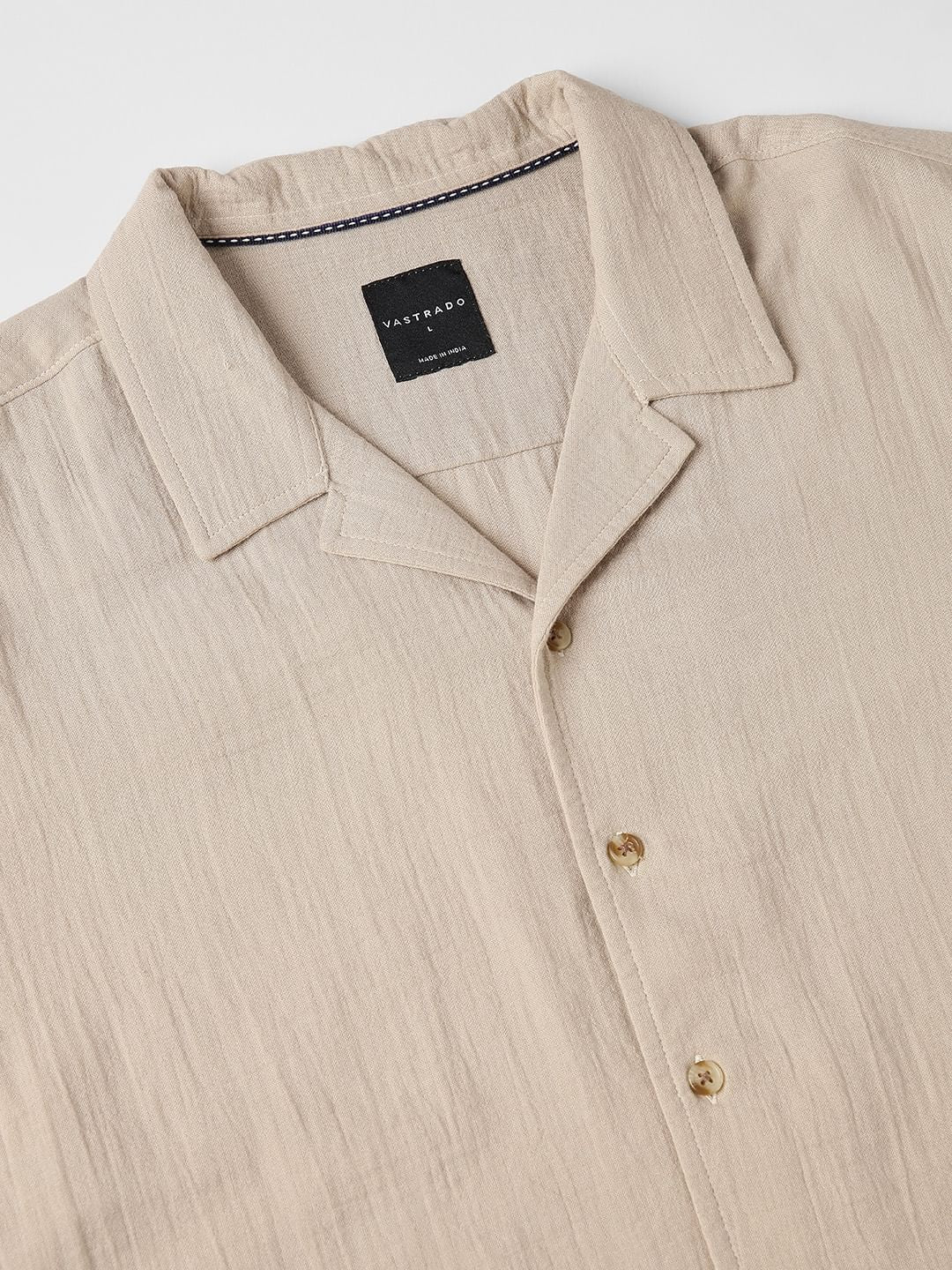 Solid Beige Double Cloth Notch Collar Oversized Shirt