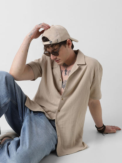 Solid Beige Double Cloth Notch Collar Oversized Shirt