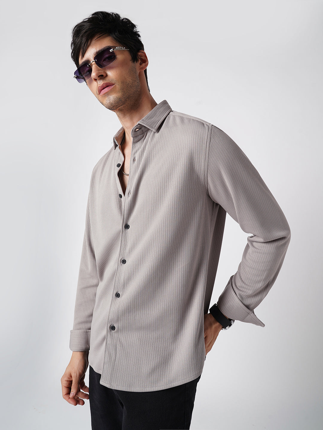 Sprauncy Cloud Grey Ribbed Knit Shirt