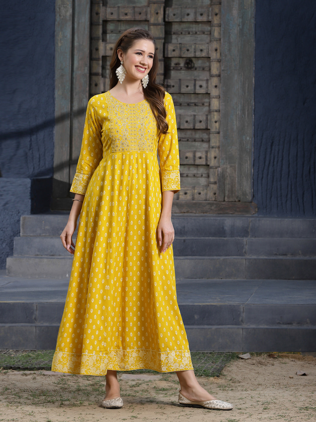 Stylum Women's Mustard Embroidered Long Kurta (MUSTRDDION)
