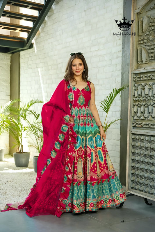 Multicoloured Heavy Print Work Silk Anarkali Set