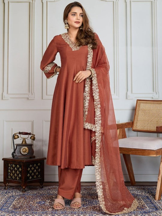 Brown Hand Embroidered Anarkali Set
