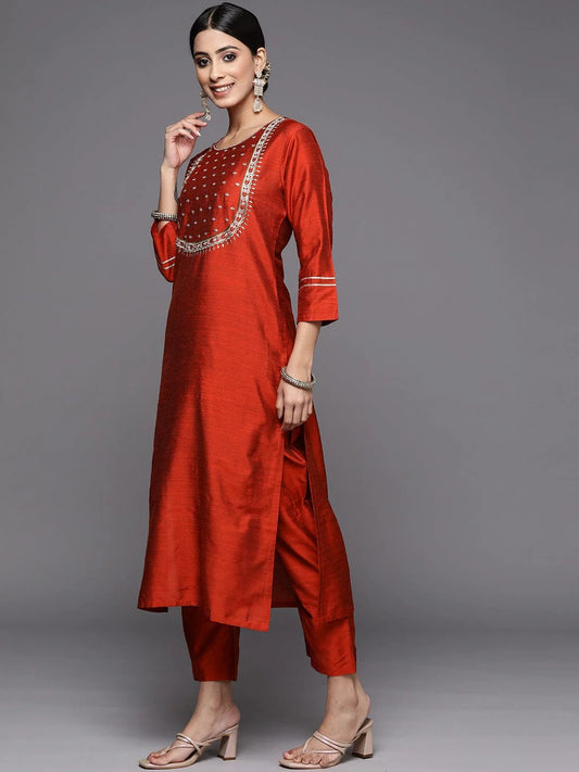 Red Embroidered Silk Blend Kurta Set