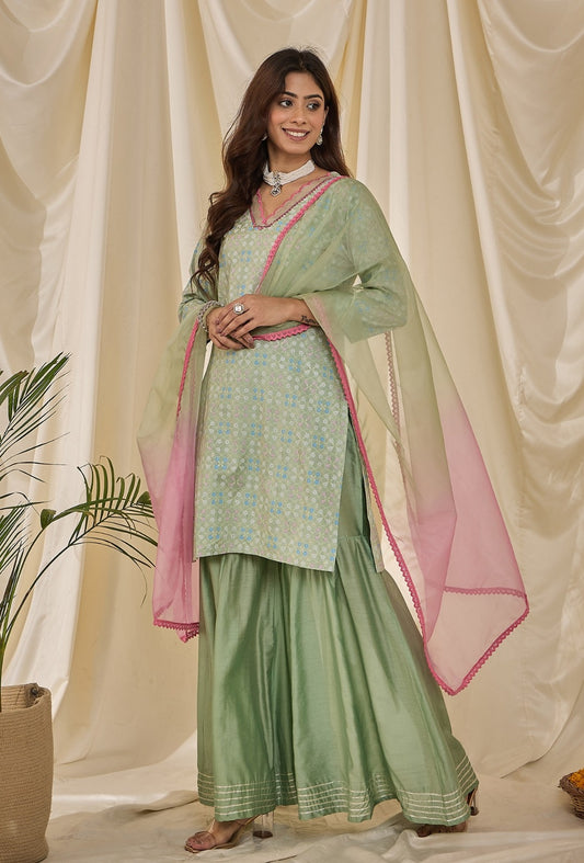 Mint Green Embroidery With Lace Work Sharara Salwar Set