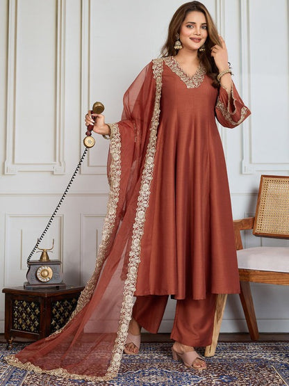 Brown Hand Embroidered Anarkali Set