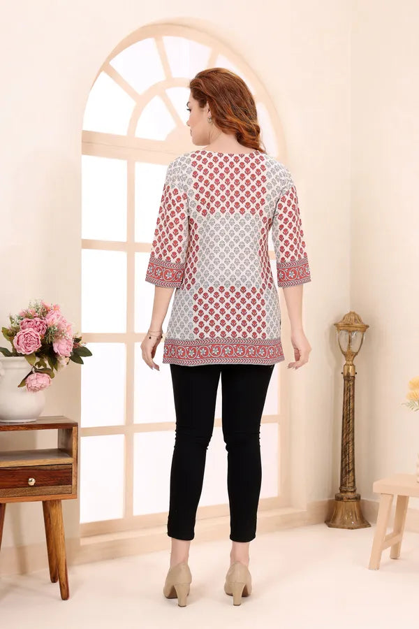 Beige Cotton Short Kurti Tunic Top with Ethnic Motifs for Women