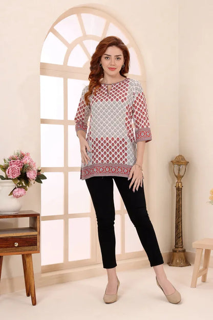 Beige Cotton Short Kurti Tunic Top with Ethnic Motifs for Women