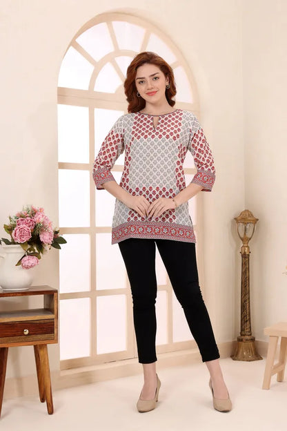 Beige Cotton Short Kurti Tunic Top with Ethnic Motifs for Women