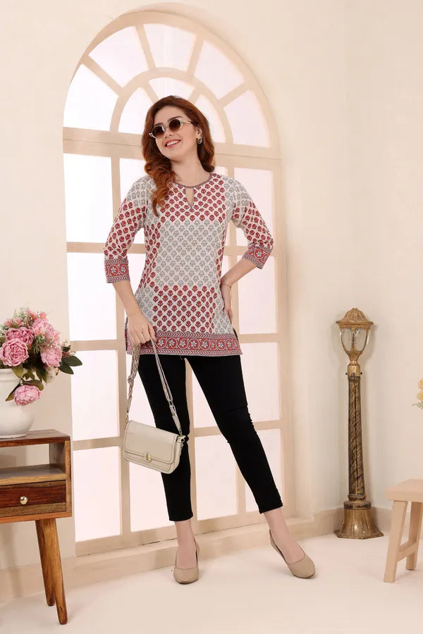 Beige Cotton Short Kurti Tunic Top with Ethnic Motifs for Women