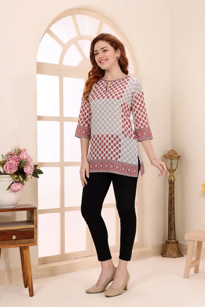 Beige Cotton Short Kurti Tunic Top with Ethnic Motifs for Women