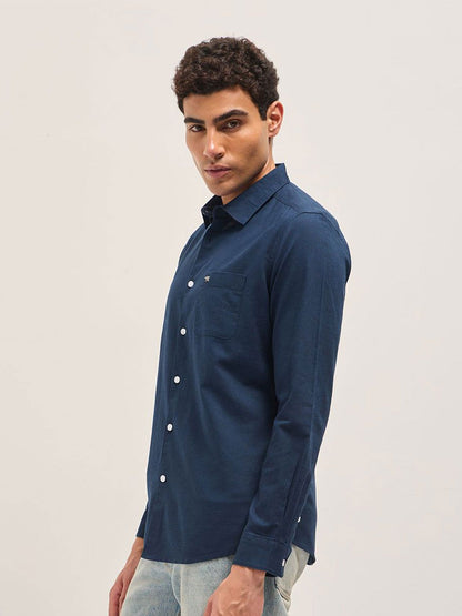 Men Slim Fit Solid Spread Collar Casual Cotton Linen Shirt