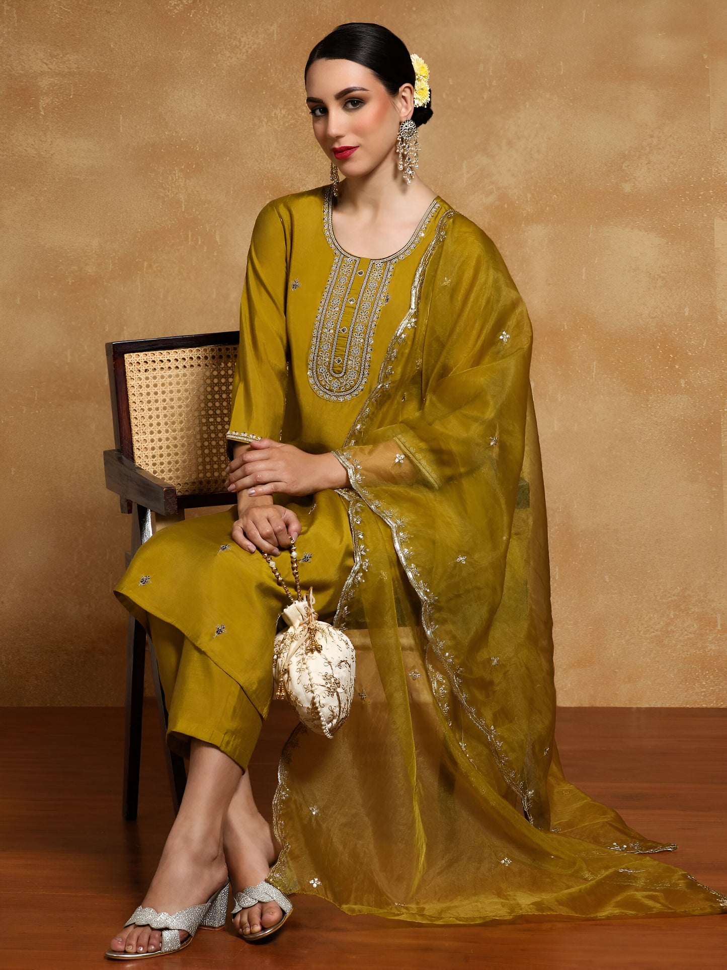 Mustard Embroidery Work Cotton Blend Salwar Set