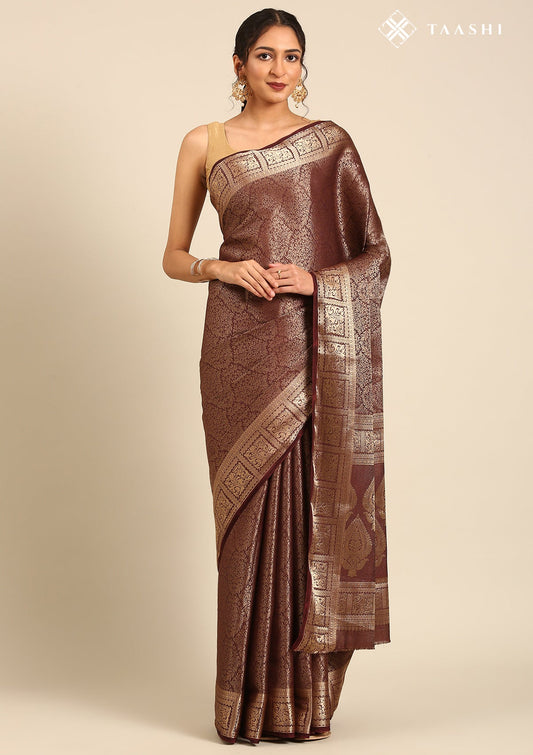 Chocolate Brown Brocade Crepe Saree