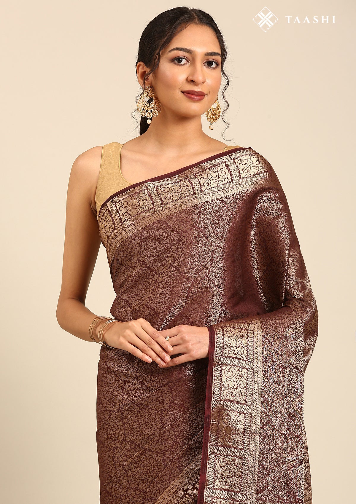 Chocolate Brown Brocade Crepe Saree