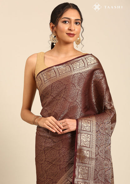 Chocolate Brown Brocade Crepe Saree