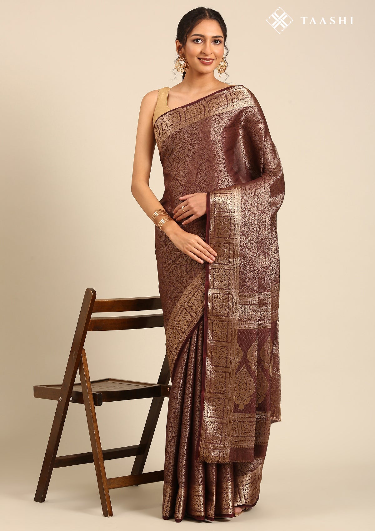 Chocolate Brown Brocade Crepe Saree