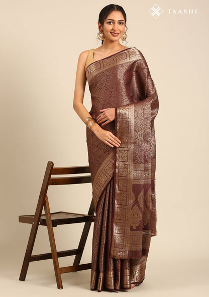 Chocolate Brown Brocade Crepe Saree