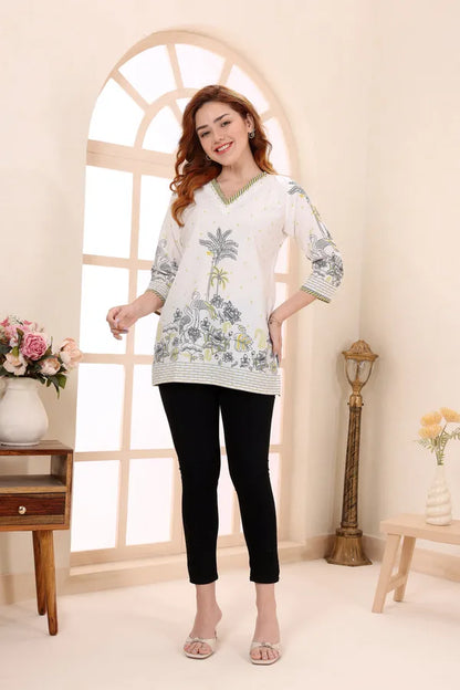 Yellow Cotton Short Kurti Tunic Top with Floral Print for Women