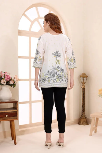 Yellow Cotton Short Kurti Tunic Top with Floral Print for Women