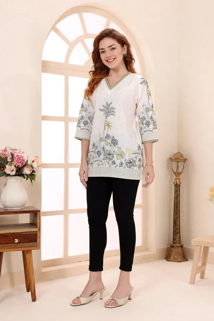 Yellow Cotton Short Kurti Tunic Top with Floral Print for Women