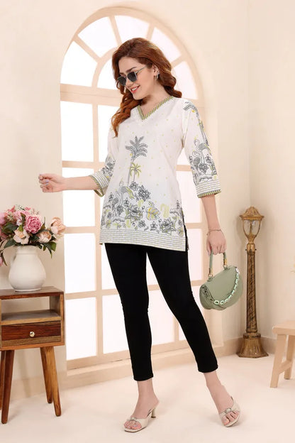 Yellow Cotton Short Kurti Tunic Top with Floral Print for Women