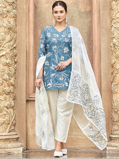 Floral Embroidered Thread Work Straight Kurta With Trousers & Dupatta