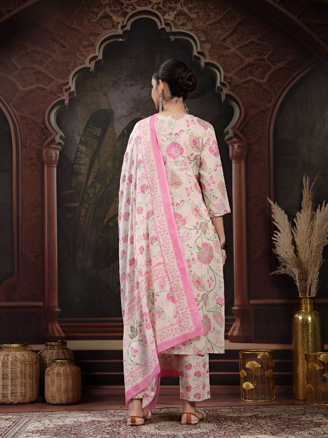 Floral Printed Straight Pure Cotton Kurta With Trousers & Dupatta