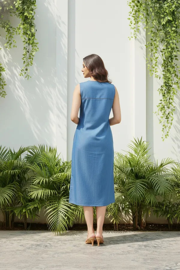 Light Blue Stylish Denim Dress With Attractive Print And Embellishment