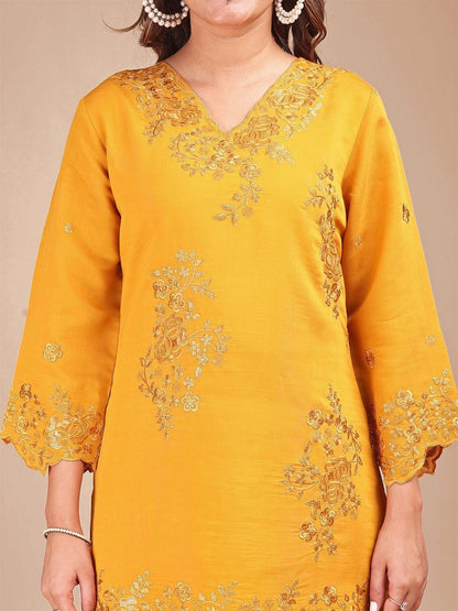 Embroidered Linen V-Neck Top With Trousers Co-Ords