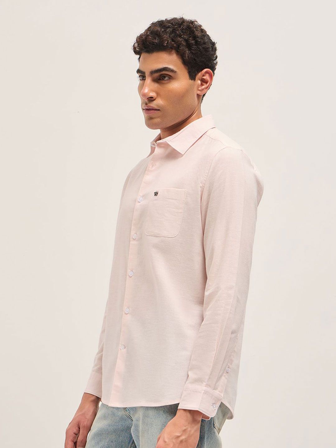 Men Slim Fit Solid Spread Collar Casual Cotton Linen Shirt