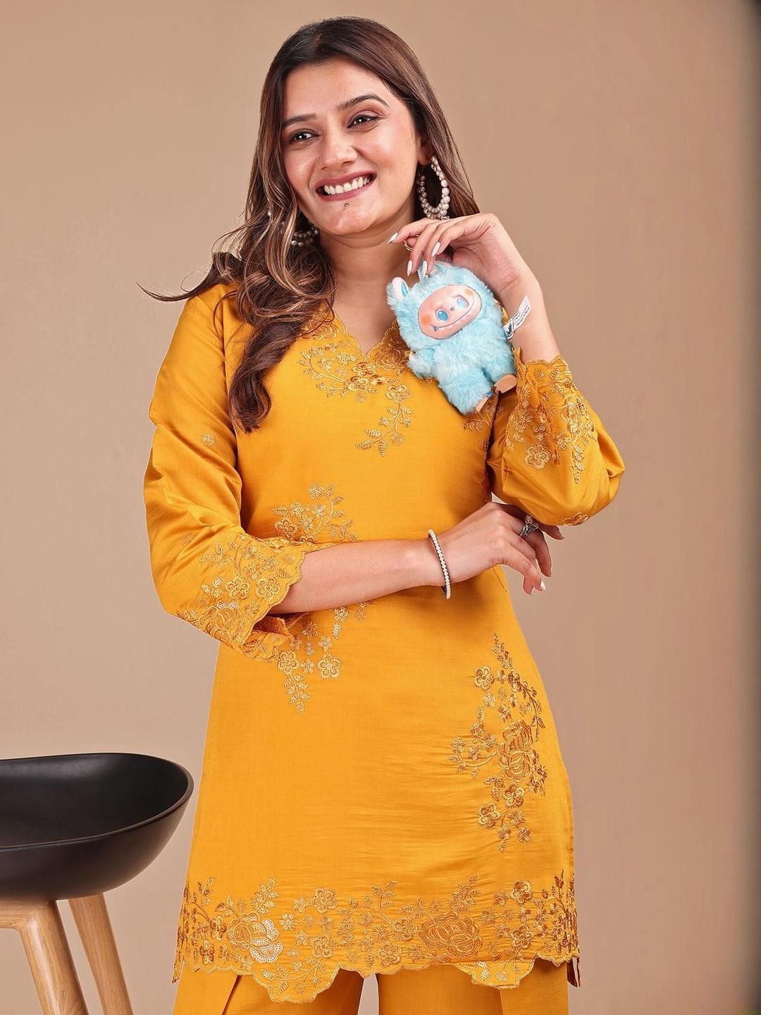 Embroidered Linen V-Neck Top With Trousers Co-Ords