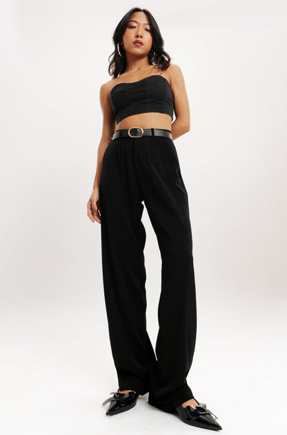 Black Pleated Women's Straight Korean Pants