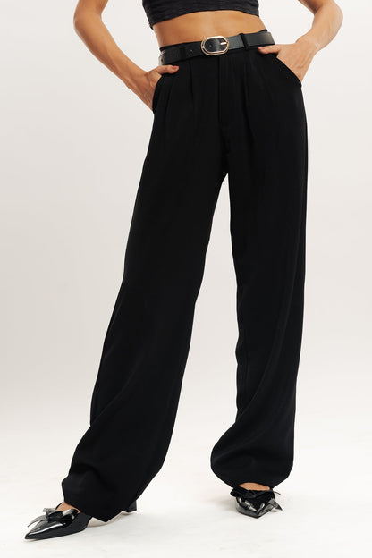 Black Pleated Women's Straight Korean Pants