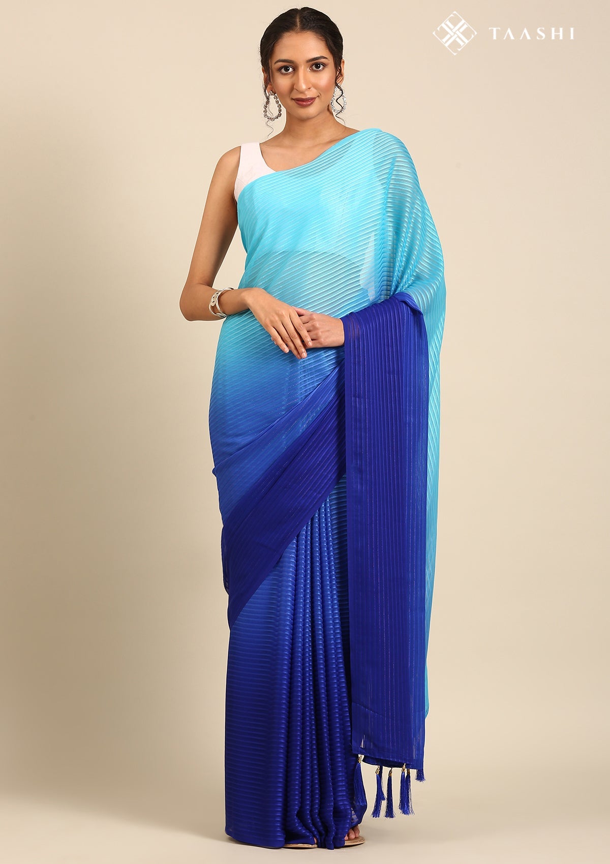 Blue Ombre Metallic Zari Striped Chiffon Saree