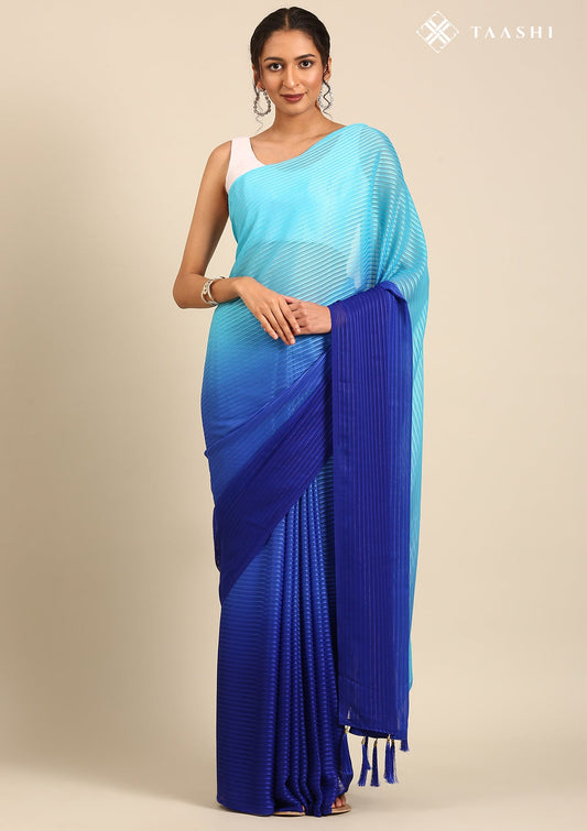 Blue Ombre Metallic Zari Striped Chiffon Saree