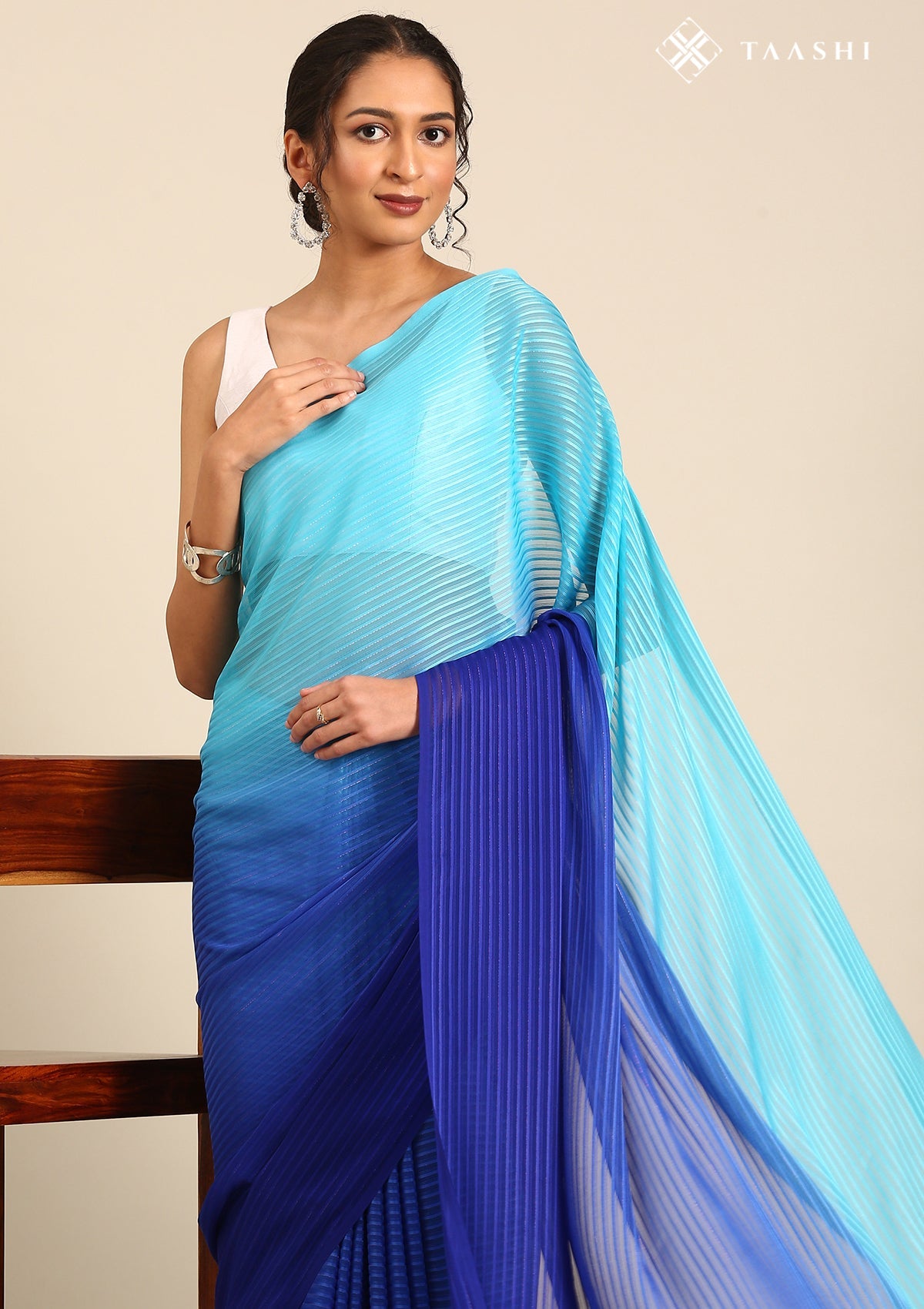 Blue Ombre Metallic Zari Striped Chiffon Saree