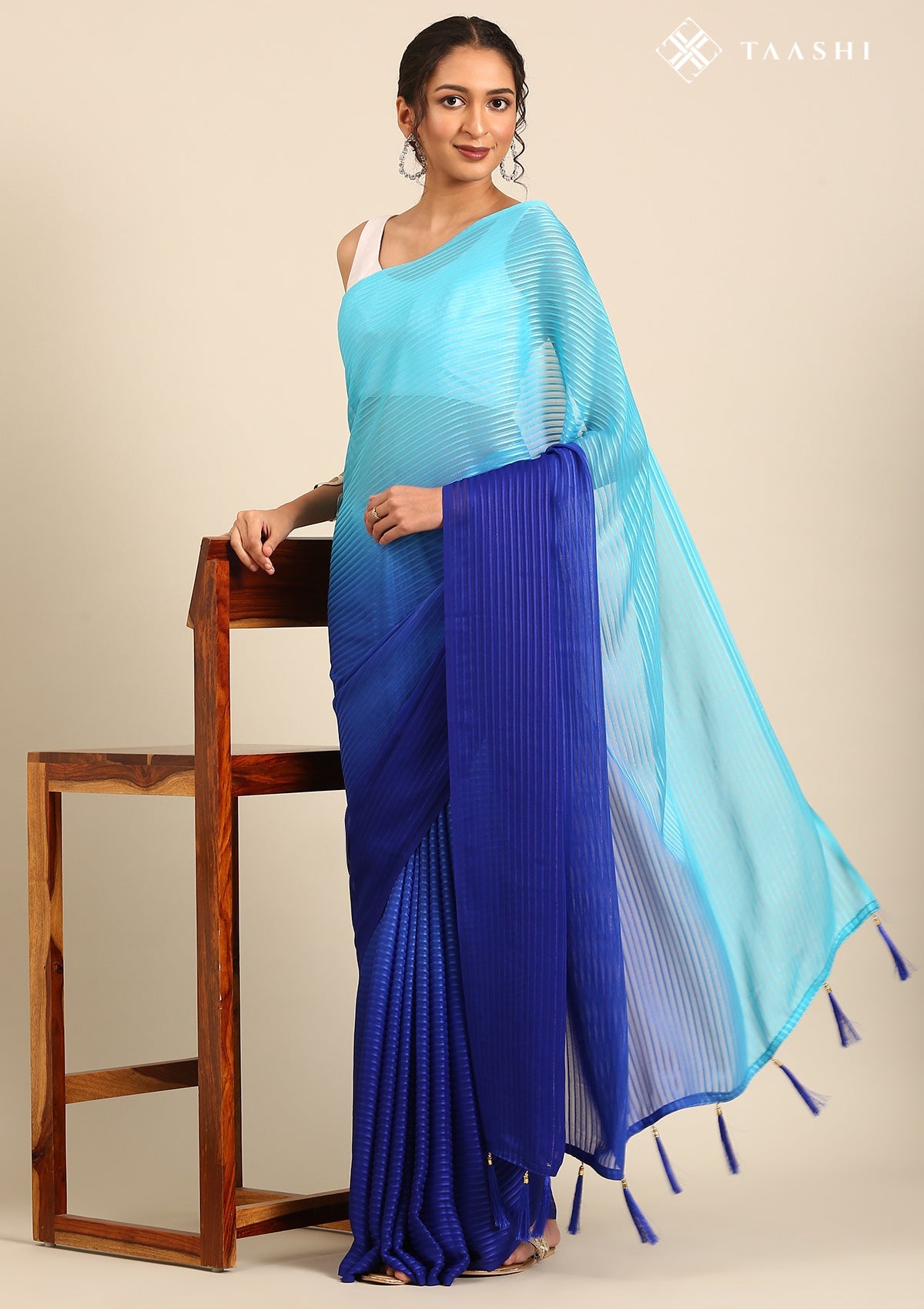 Blue Ombre Metallic Zari Striped Chiffon Saree