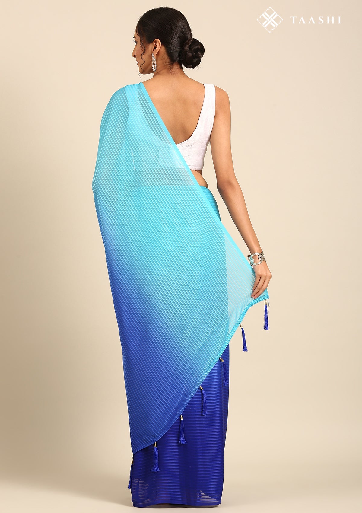Blue Ombre Metallic Zari Striped Chiffon Saree