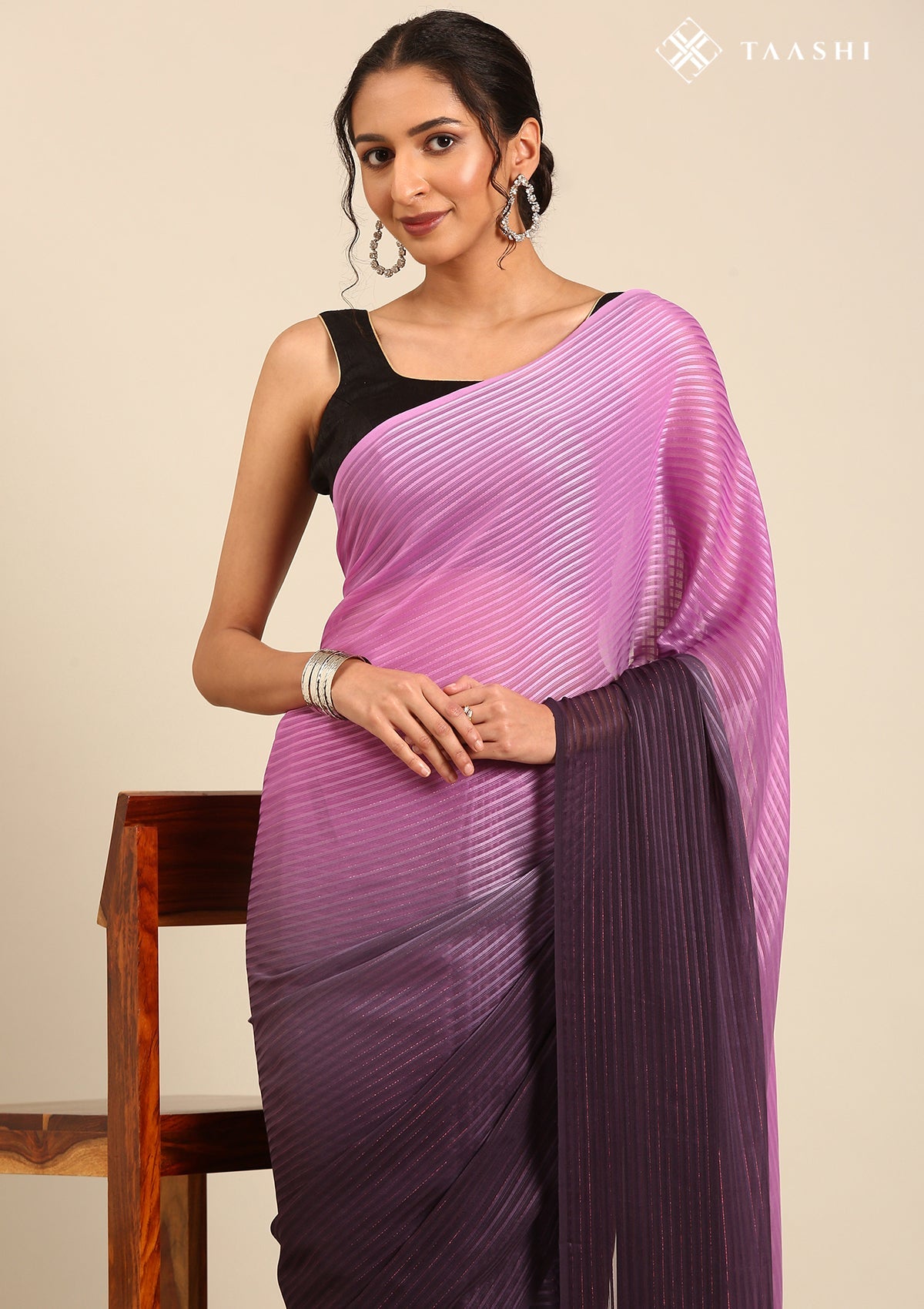 Purple Metallic Zari Striped Chiffon Saree